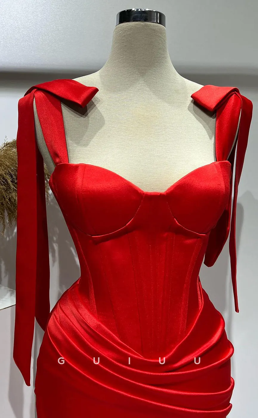 G2733 - Chic & Modern Sweetheart Bow Straps Satin Red Long Porm Evening Dress