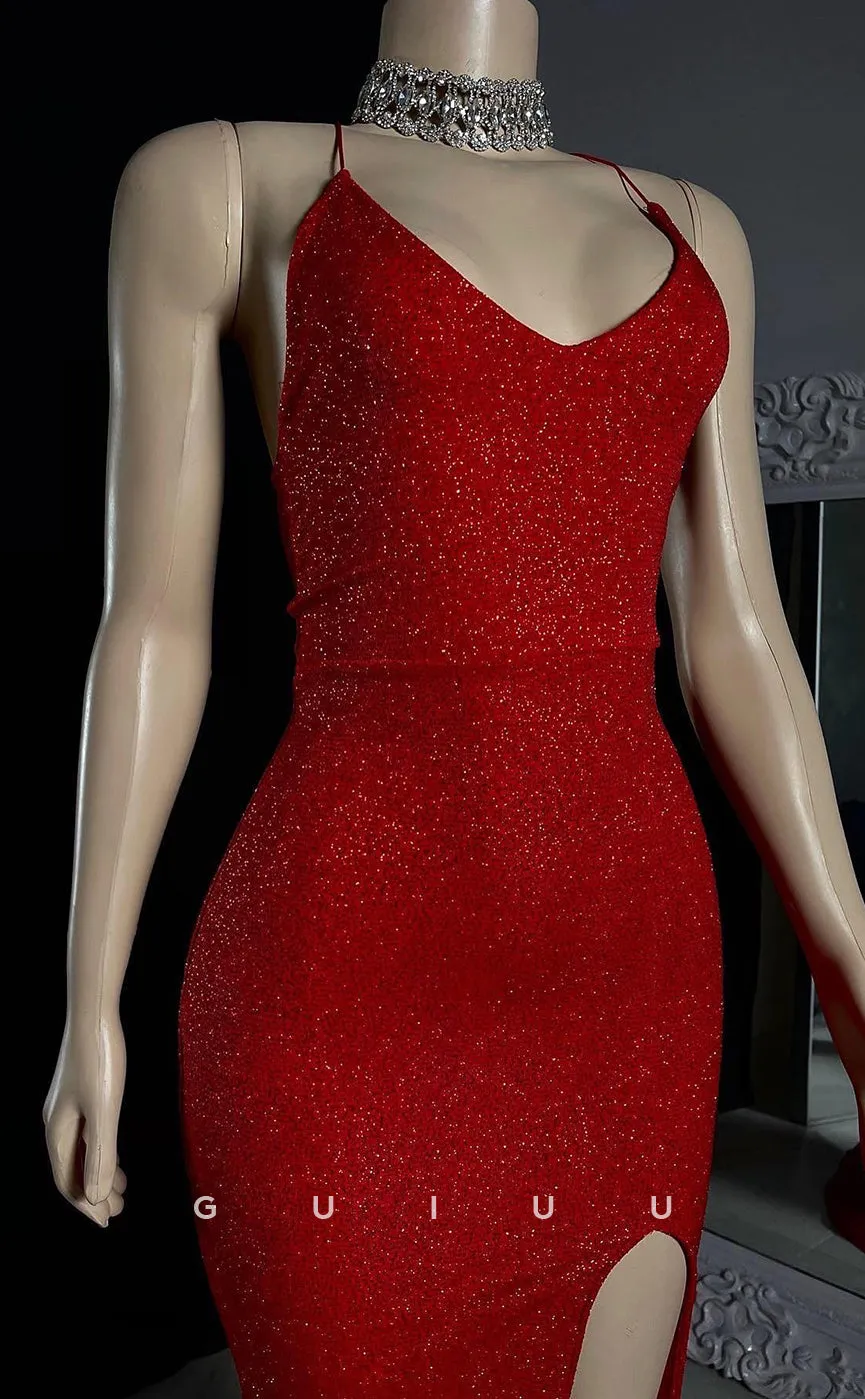 G2765 - Chic & Modern Fitted Glitter Sequins Straps Red Long Prom Evening Dress