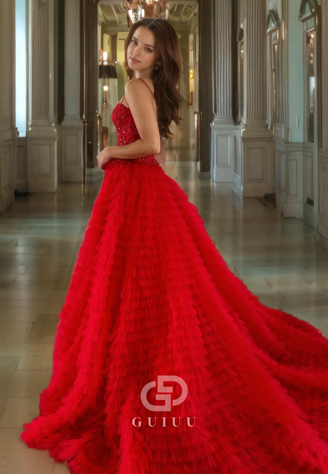 G2776 - Chic & Modern A-Line Ball Gown Sequins Straps Red Prom Evening Dress