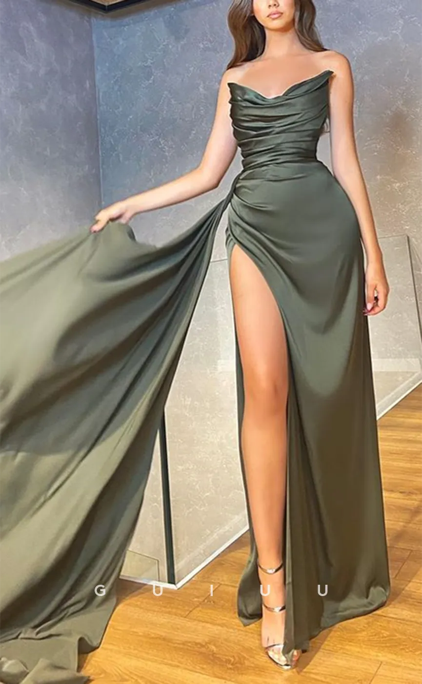 G3221 - Chic & Modern Strapless Pleats Long Formal Prom Dresses With Slit