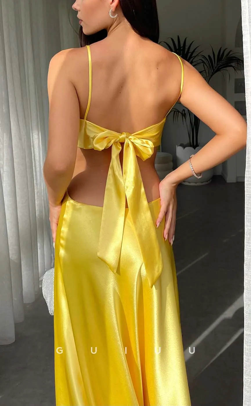 G3223 - Chic & Modern Sweetheart Bow Straps Yellow Long Formal Prom Dresses