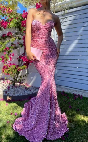 G3293 - Chic & Modern Strapless Sequins Hot Pink Long Party Prom Evening Dresses