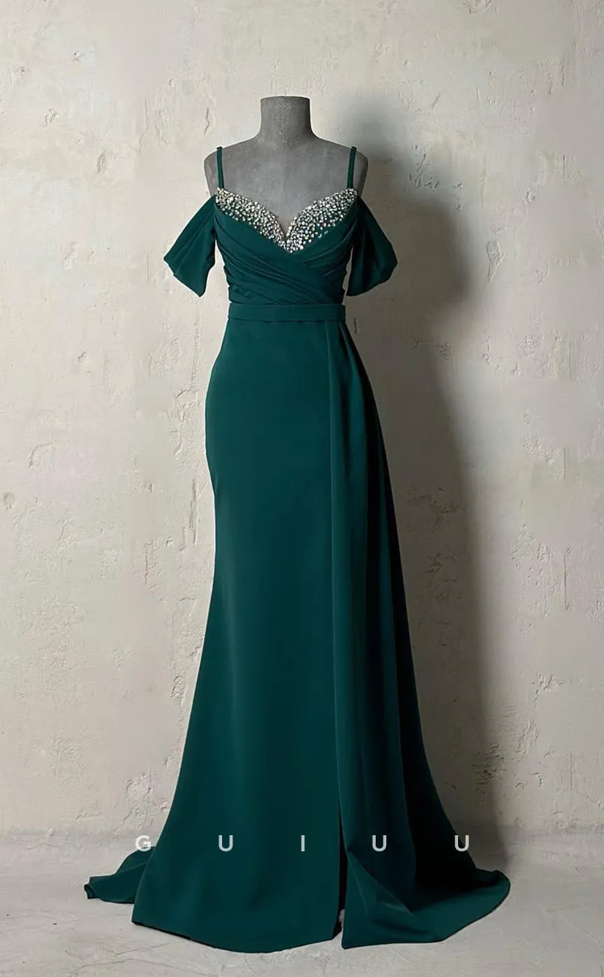 G3435 - Chic & Modern Sheath Straps Beaded Draped Floor-Length Long Party Gown Prom Dress