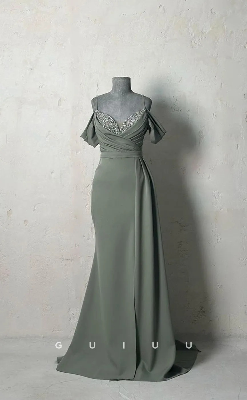 G3435 - Chic & Modern Sheath Straps Beaded Draped Floor-Length Long Party Gown Prom Dress