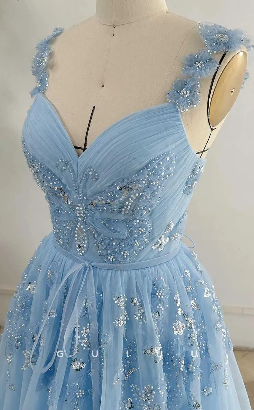 G4530 - Chic & Modern A-Line V Neck Straps Sequined Appliques Lace-Up Prom Party Dress