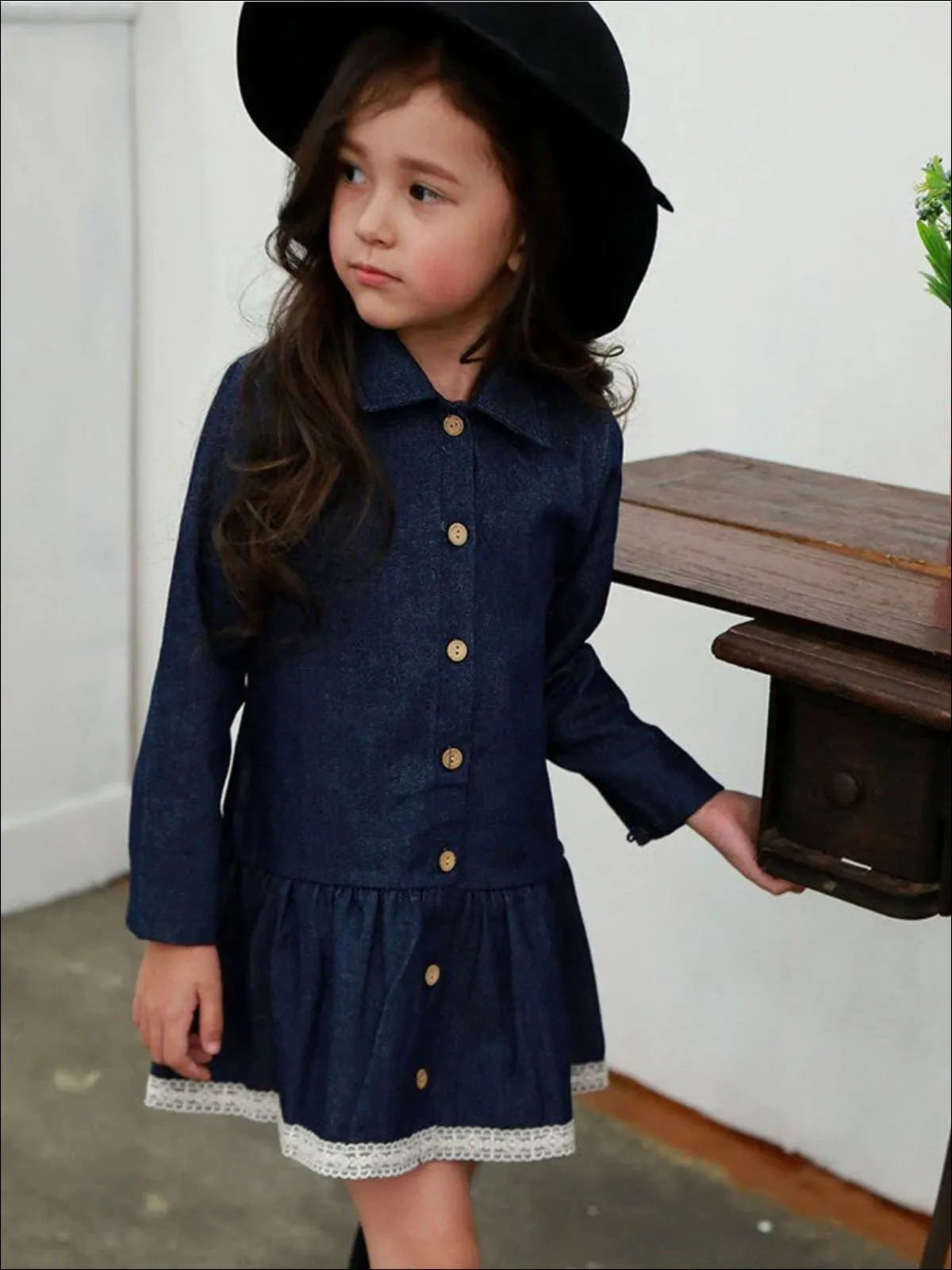 Girls Lace Hem Long Sleeve Denim Dress