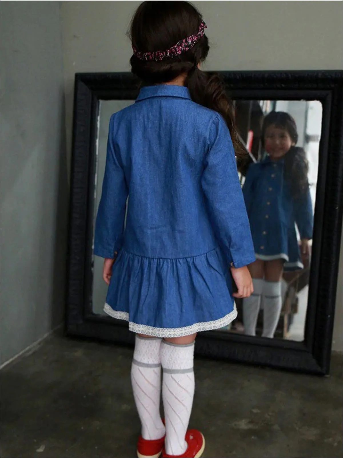 Girls Lace Hem Long Sleeve Denim Dress