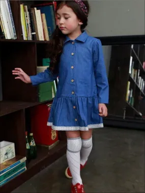 Girls Lace Hem Long Sleeve Denim Dress