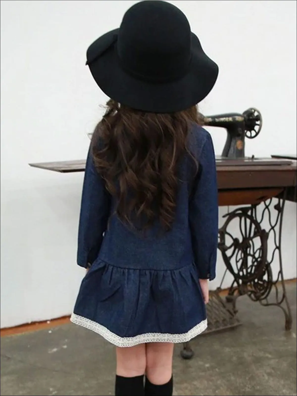 Girls Lace Hem Long Sleeve Denim Dress