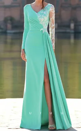 GM279 - A-Line V Neck Long Sleeves Appliques Pleated Long Cocktail Dress with Slit