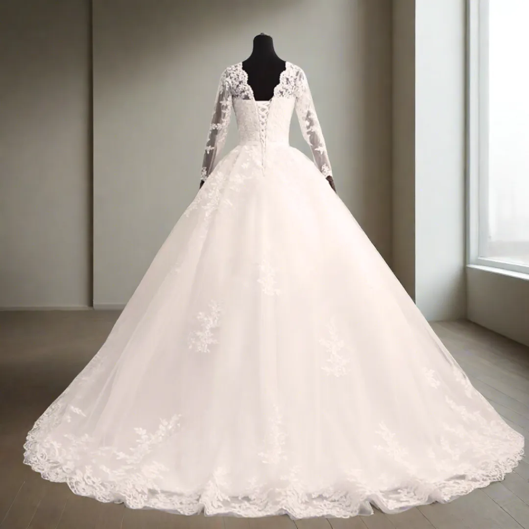 GownLink Divine White Wedding Train Gown with Long Train long Sleeves GLR017