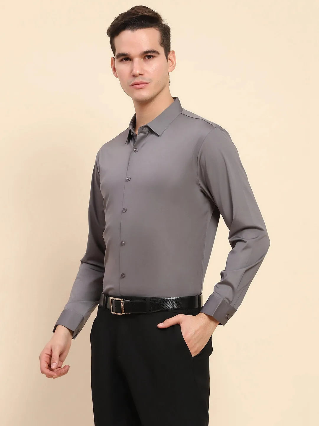 Gray Nylon Blend Solid Formal Shirt