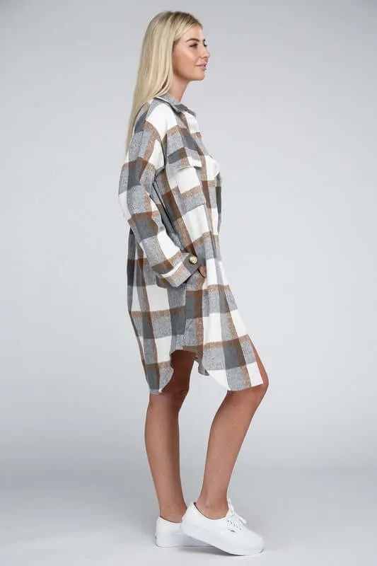 Grey White Plaid Flap Pocket Drop Shoulder Long Shirt