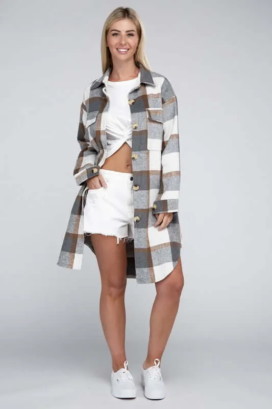 Grey White Plaid Flap Pocket Drop Shoulder Long Shirt