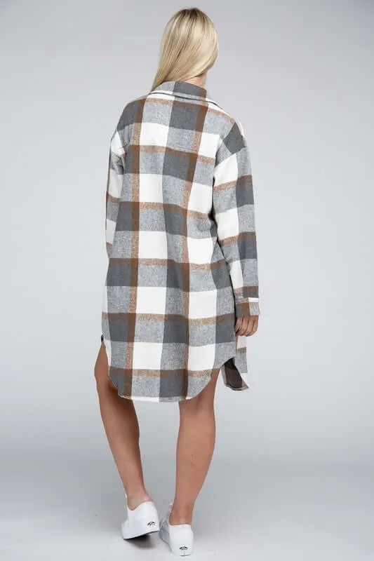 Grey White Plaid Flap Pocket Drop Shoulder Long Shirt