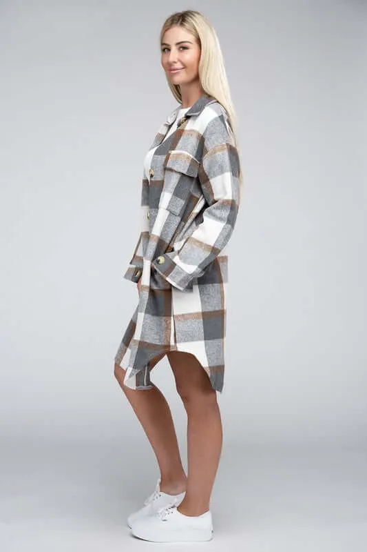 Grey White Plaid Flap Pocket Drop Shoulder Long Shirt