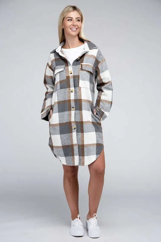 Grey White Plaid Flap Pocket Drop Shoulder Long Shirt