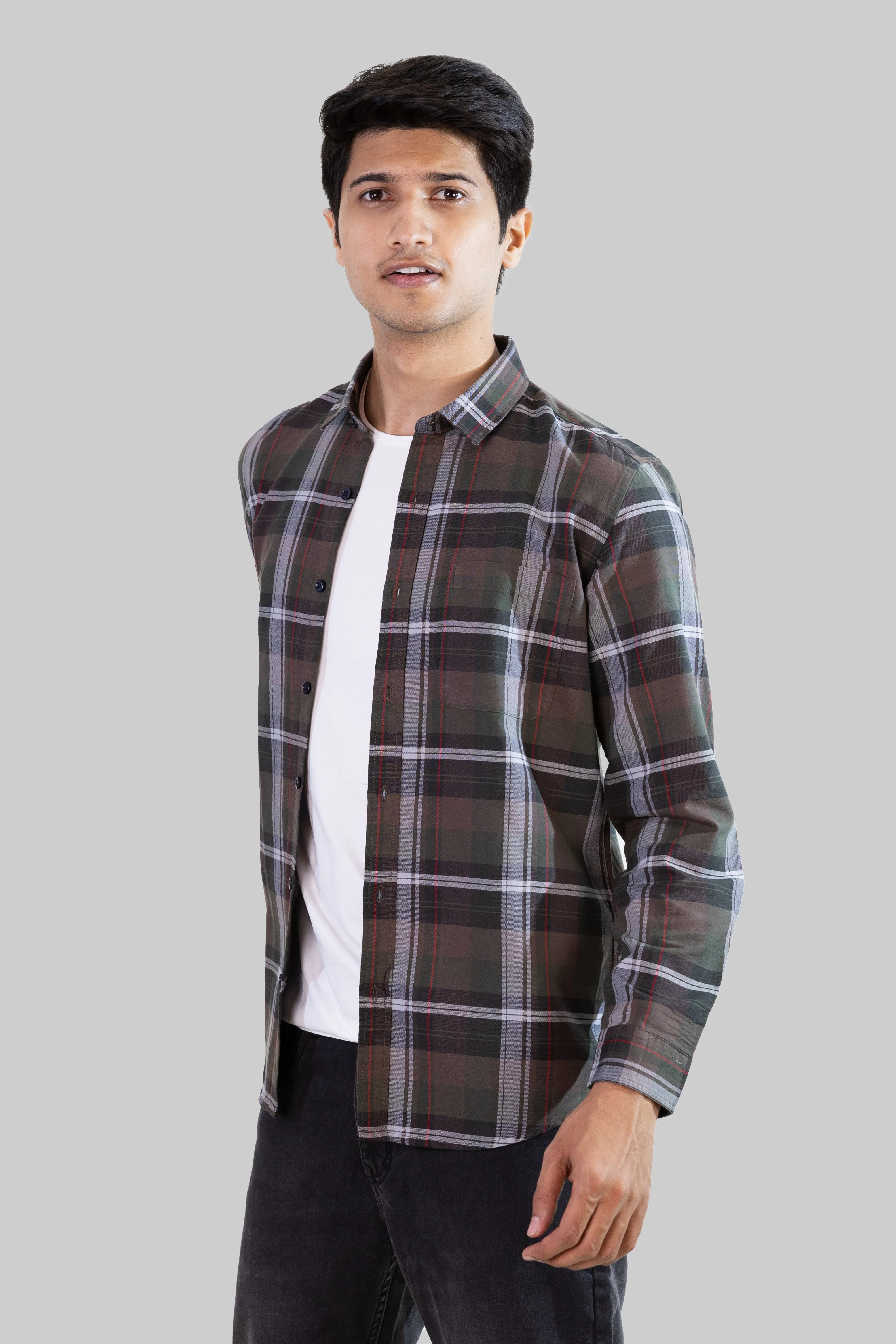 Gridline Checkered Shirt - Brown