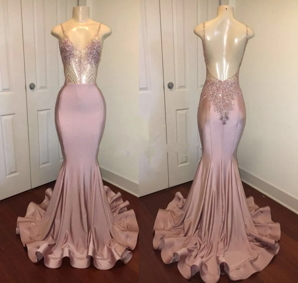 kamahe Trendy Pink Beads Spaghetti Strap Prom Party Gowns| Mermaid Prom Party Gowns