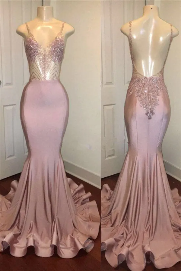 kamahe Trendy Pink Beads Spaghetti Strap Prom Party Gowns| Mermaid Prom Party Gowns