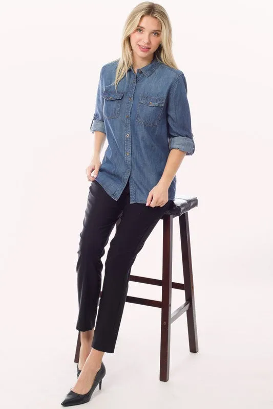 Medium Denim Chambray Button Down Top Denim Blouse Shirt