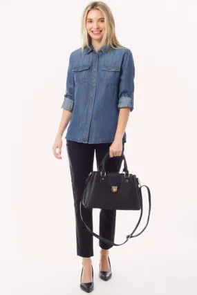 Medium Denim Chambray Button Down Top Denim Blouse Shirt