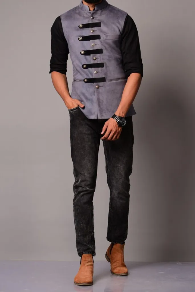 Men Grey Suede Leather Cross Breasted Half Jackets Jodhpuri Wedding Jackets