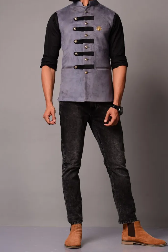 Men Grey Suede Leather Cross Breasted Half Jackets Jodhpuri Wedding Jackets