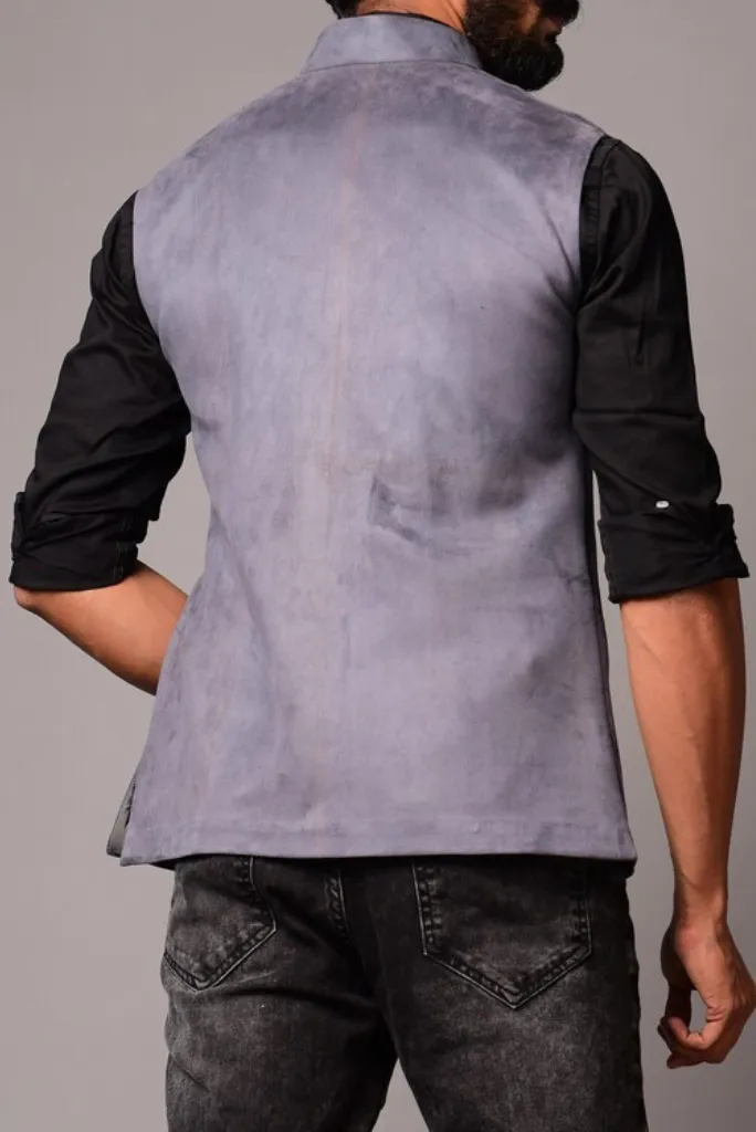 Men Grey Suede Leather Cross Breasted Half Jackets Jodhpuri Wedding Jackets