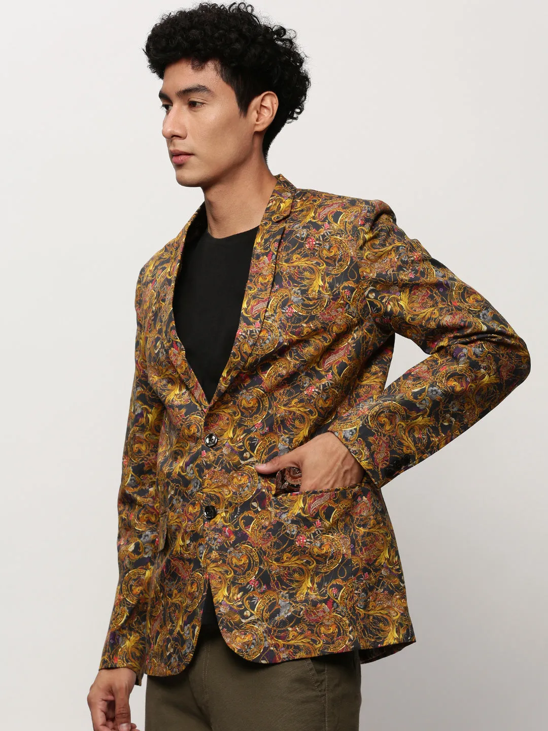 Men Yellow Printed Casual Blazers