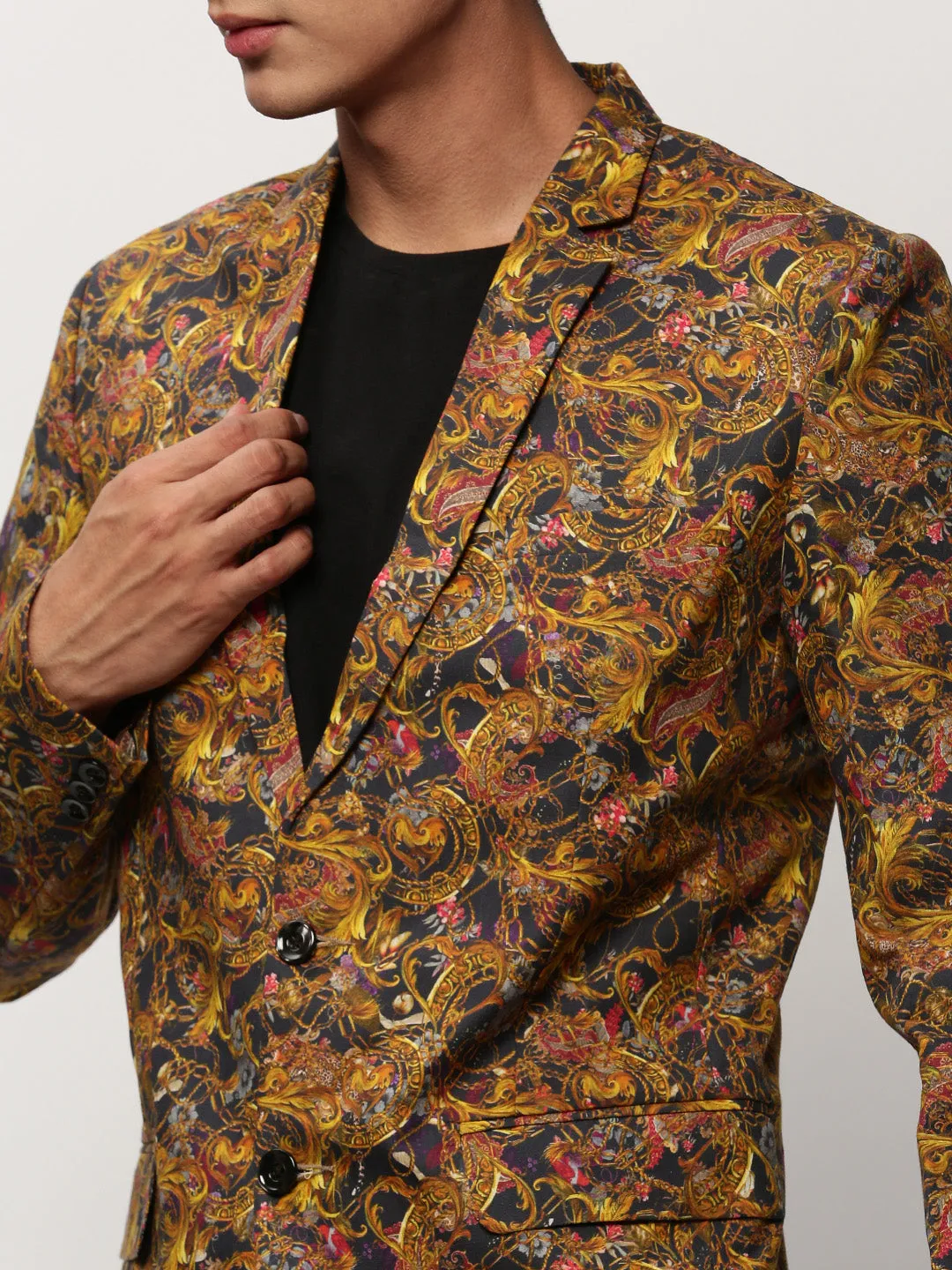 Men Yellow Printed Casual Blazers