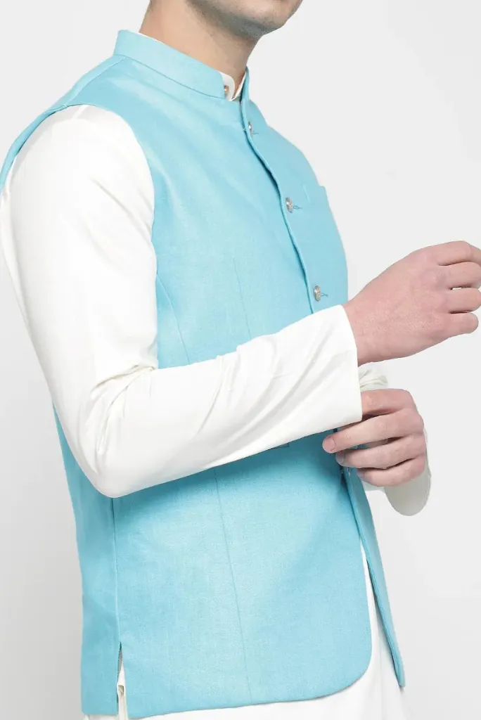 Men's Nehru Jacket Sky Blue Ethnic Wear Wedding Half Jacket Indian Function & Festival Nehru Jacket Gif For Him