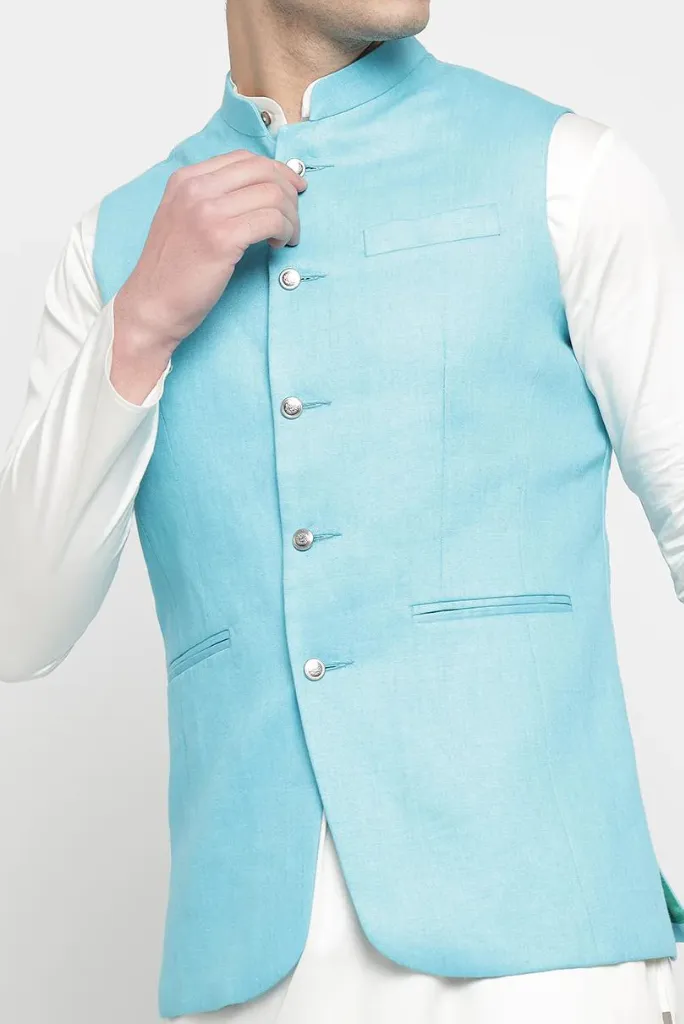 Men's Nehru Jacket Sky Blue Ethnic Wear Wedding Half Jacket Indian Function & Festival Nehru Jacket Gif For Him