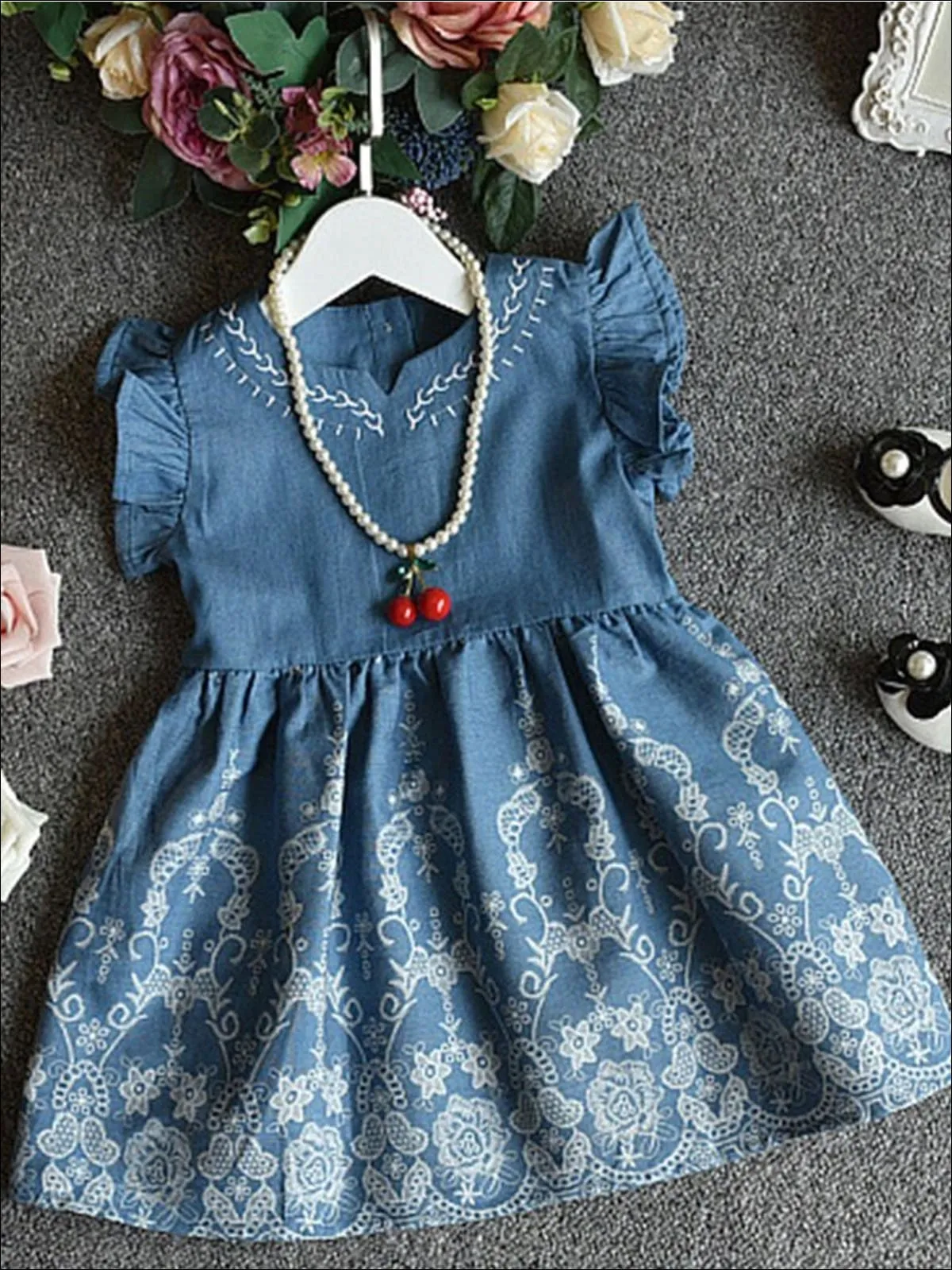 My Heart Flutters Embroidered Chambray Dress