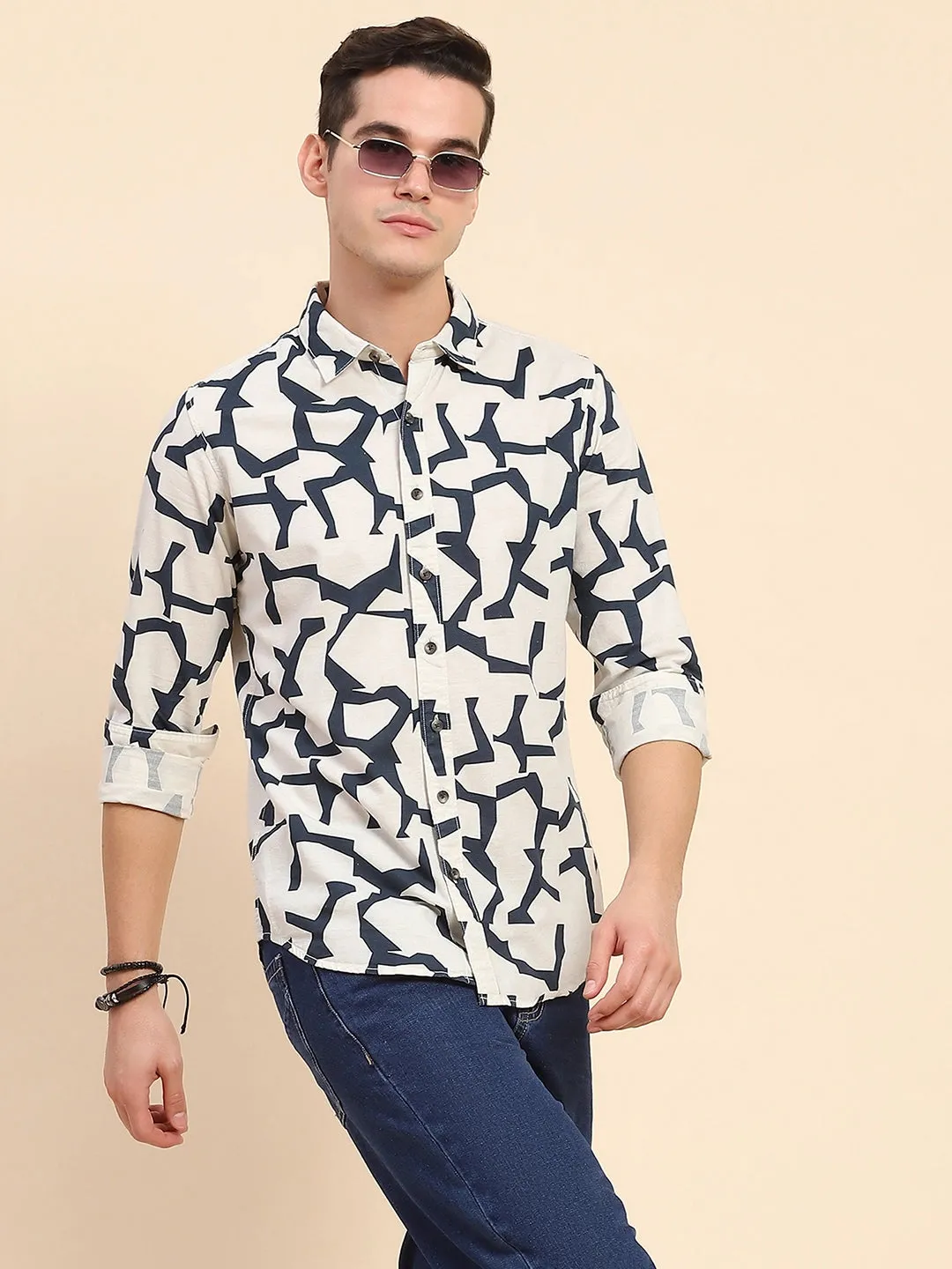 Navy & Off-white Cotton Blend Abstract Print Casual Shirt