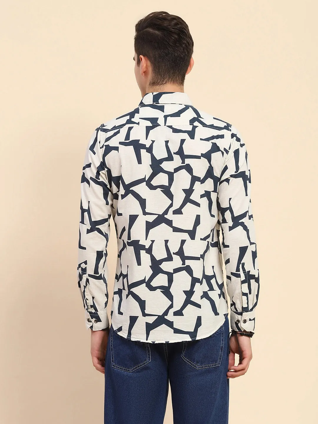 Navy & Off-white Cotton Blend Abstract Print Casual Shirt