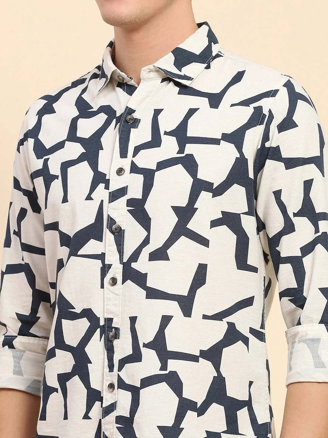 Navy & Off-white Cotton Blend Abstract Print Casual Shirt