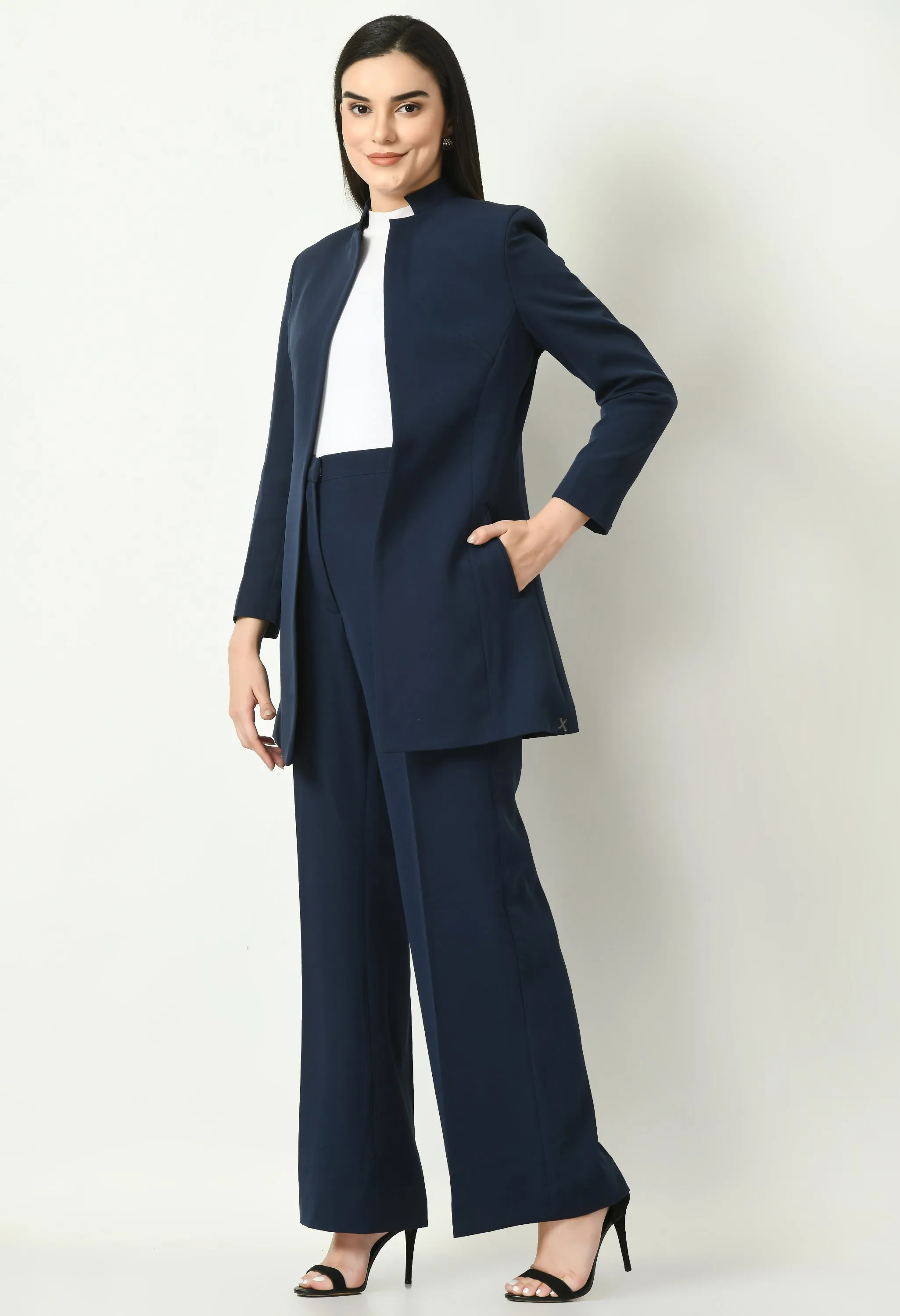 Navy Blue Cotton Blend Supremacy Solid Long Blazer