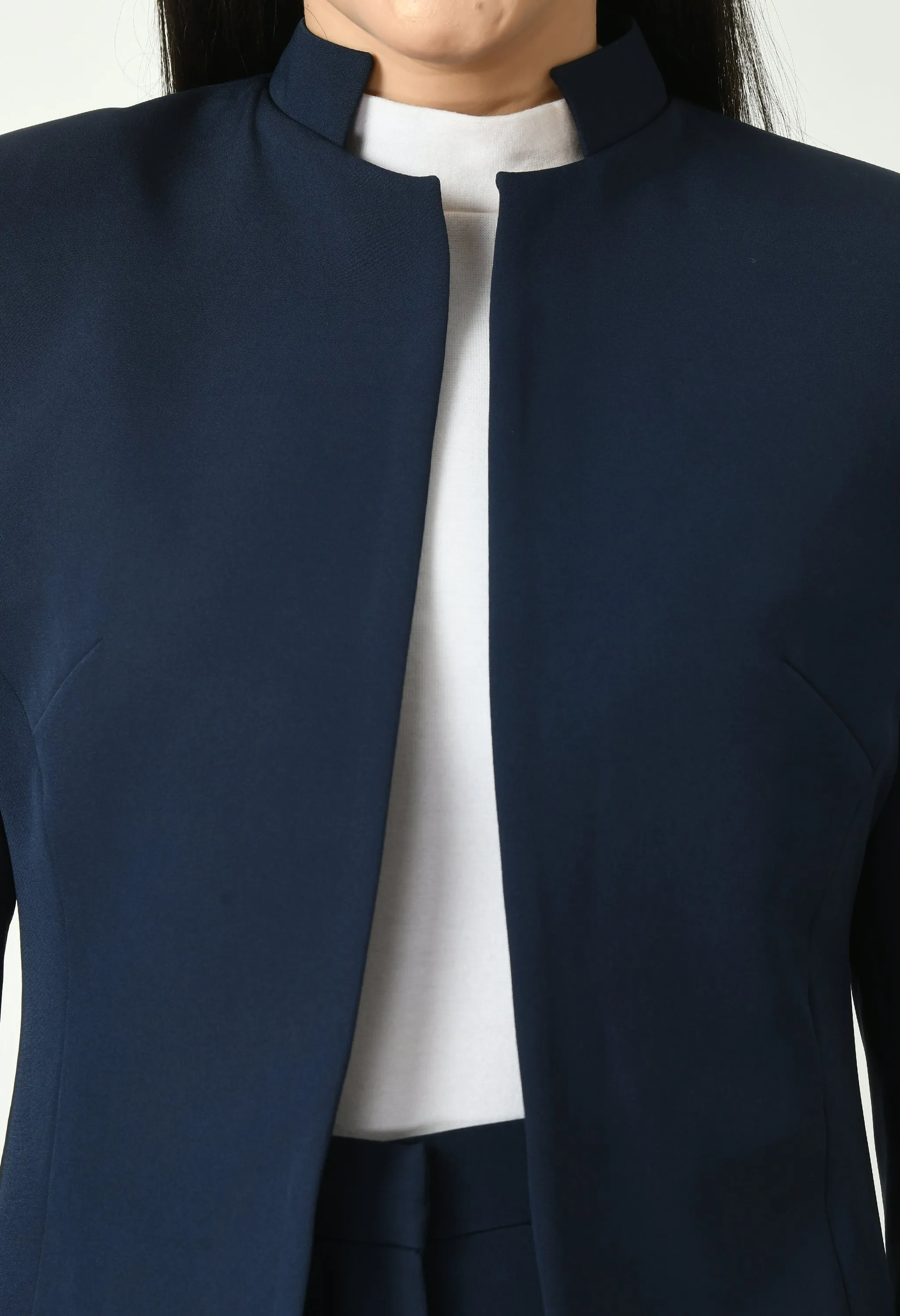 Navy Blue Cotton Blend Supremacy Solid Long Blazer