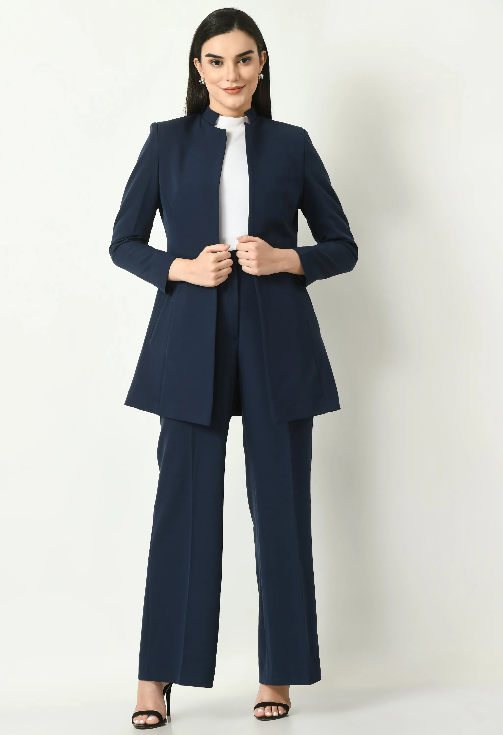 Navy Blue Cotton Blend Supremacy Solid Long Blazer