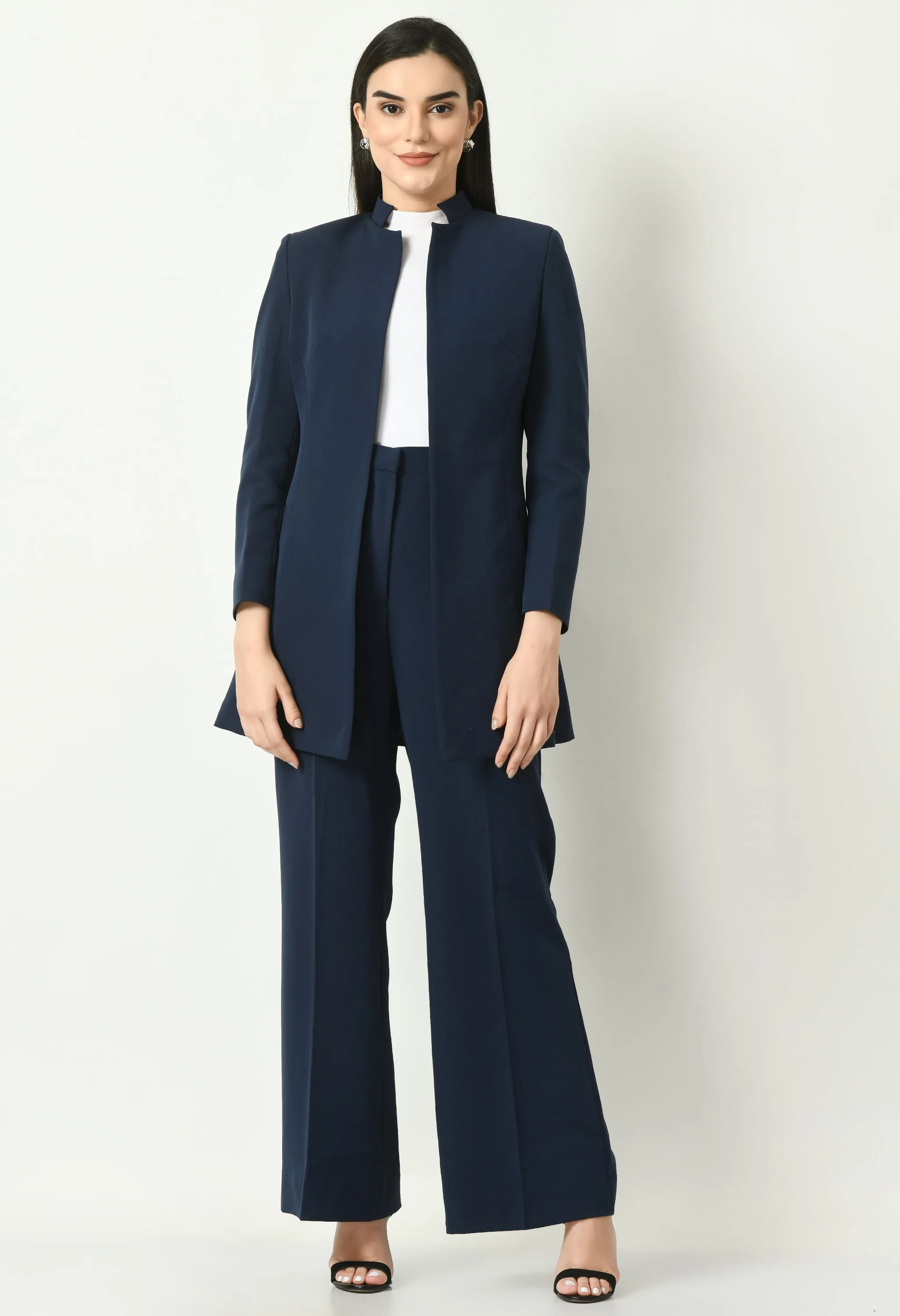 Navy Blue Cotton Blend Supremacy Solid Long Blazer