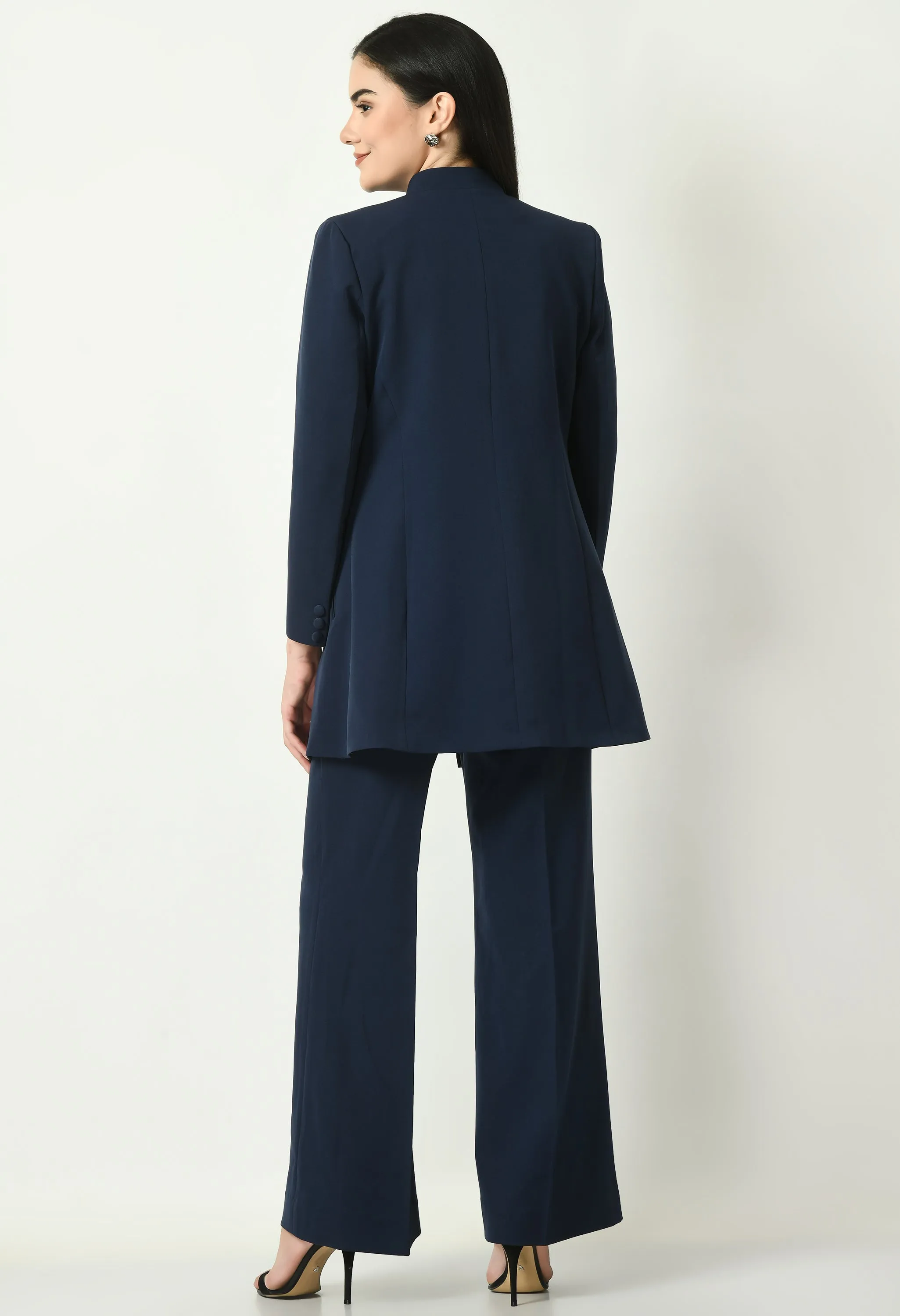 Navy Blue Cotton Blend Supremacy Solid Long Blazer