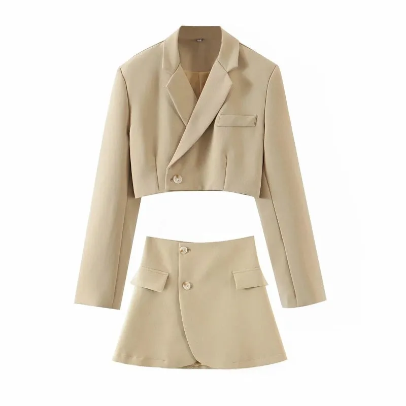 New fashionable casual diagonal button short blazer   high waist pocket skirt suit