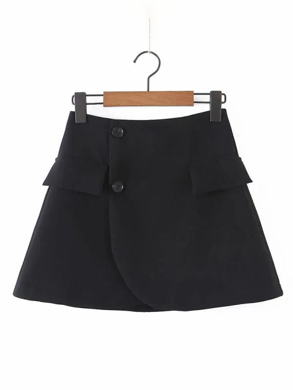 New fashionable casual diagonal button short blazer   high waist pocket skirt suit