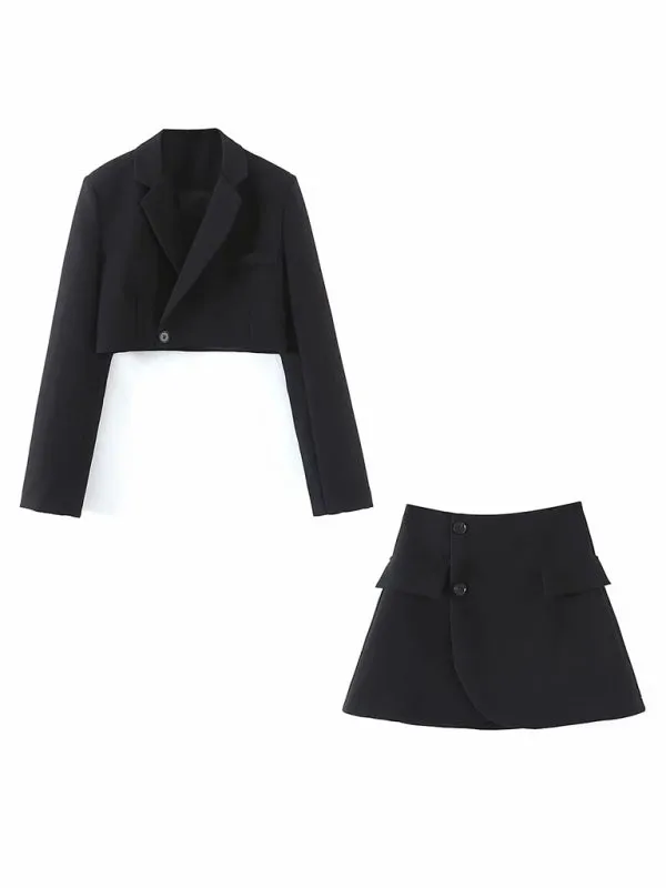 New fashionable casual diagonal button short blazer   high waist pocket skirt suit