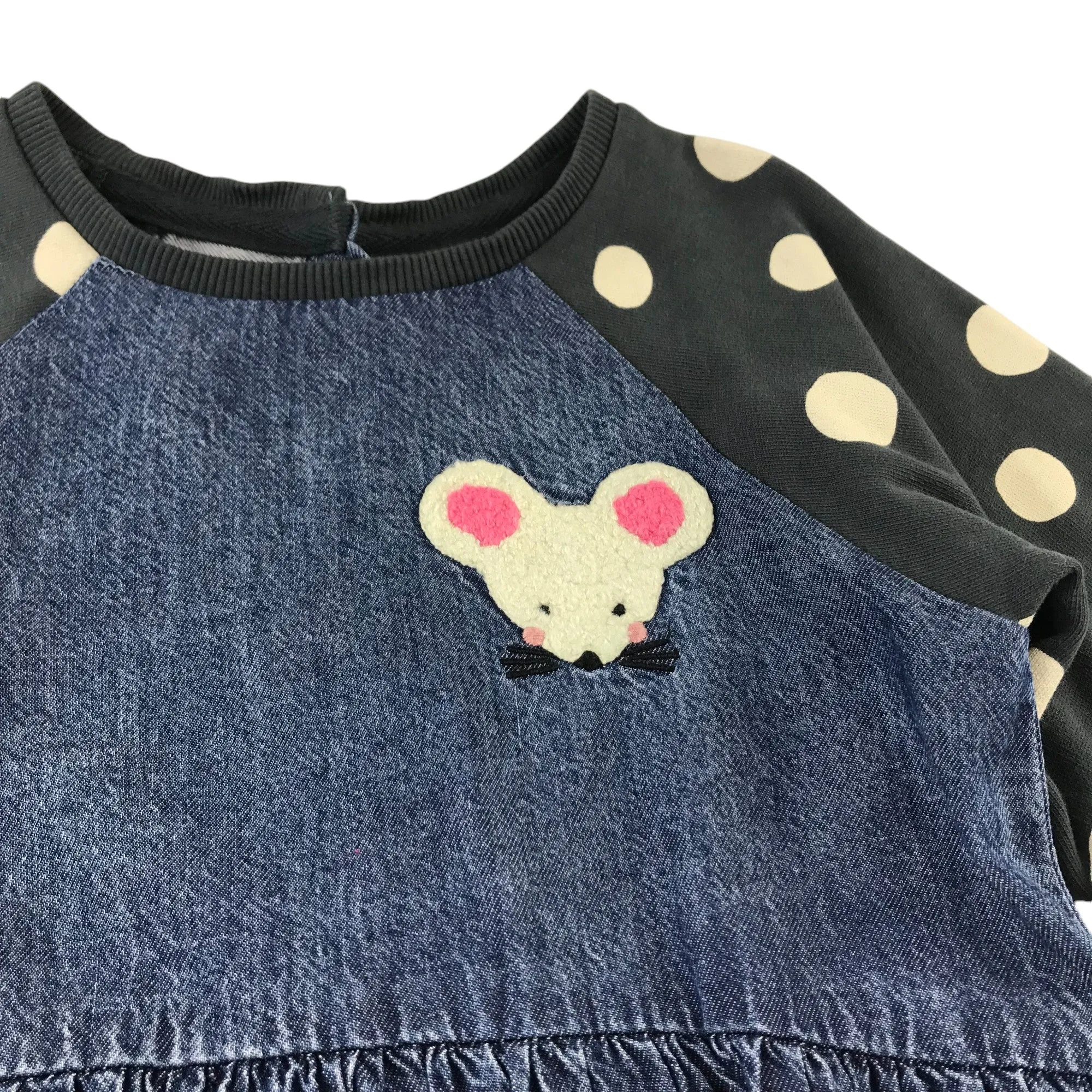 Next dress 5-6 years blue denim style long jersey sleeve dotted pattern cotton