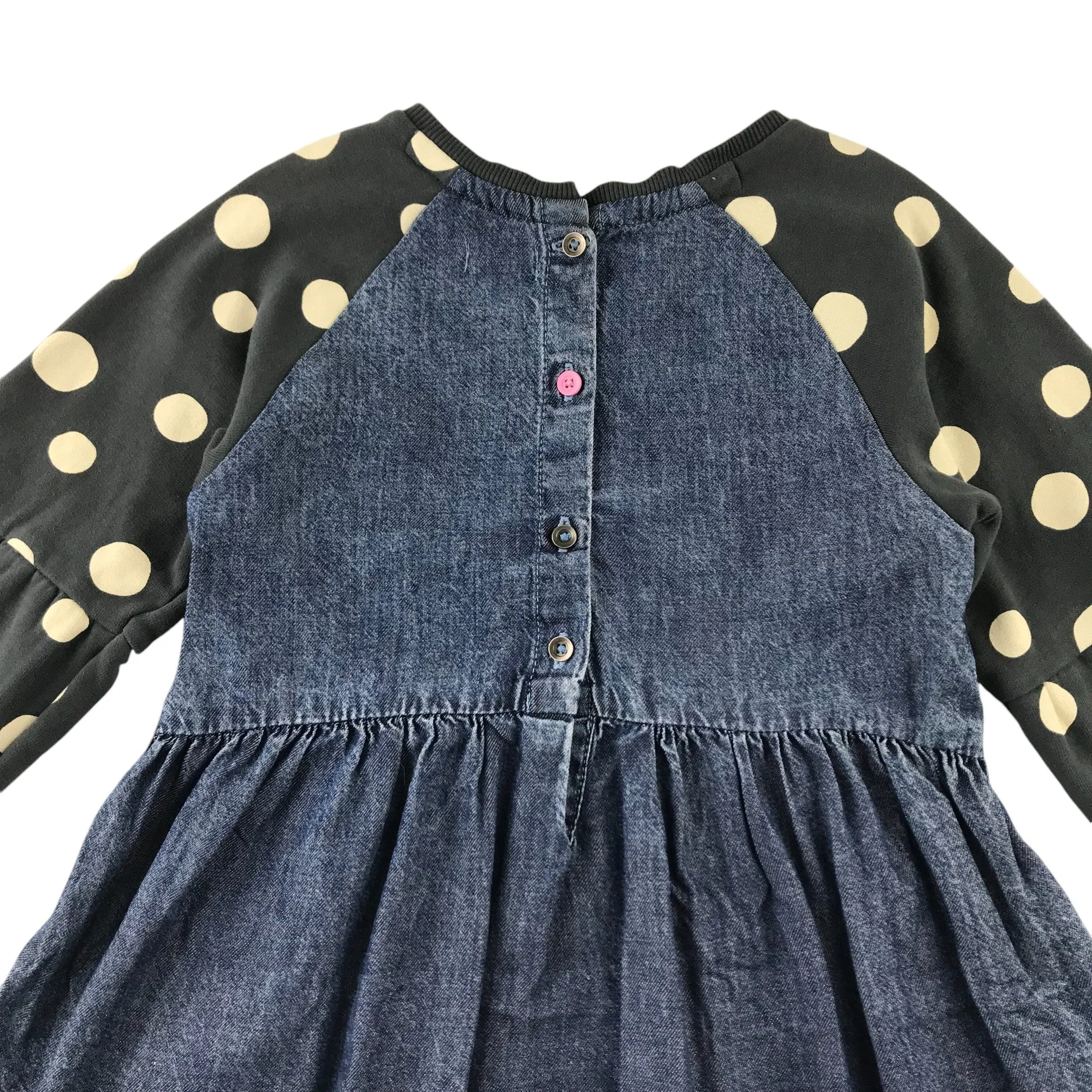 Next dress 5-6 years blue denim style long jersey sleeve dotted pattern cotton