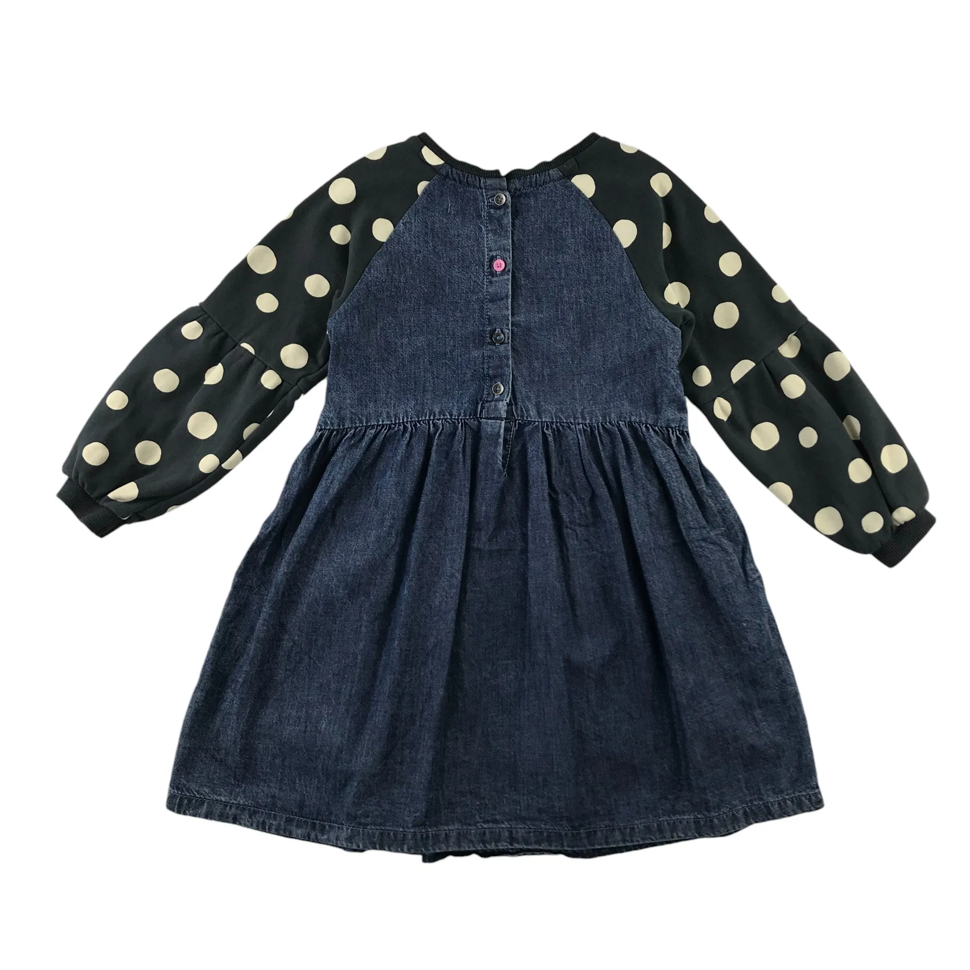 Next dress 5-6 years blue denim style long jersey sleeve dotted pattern cotton