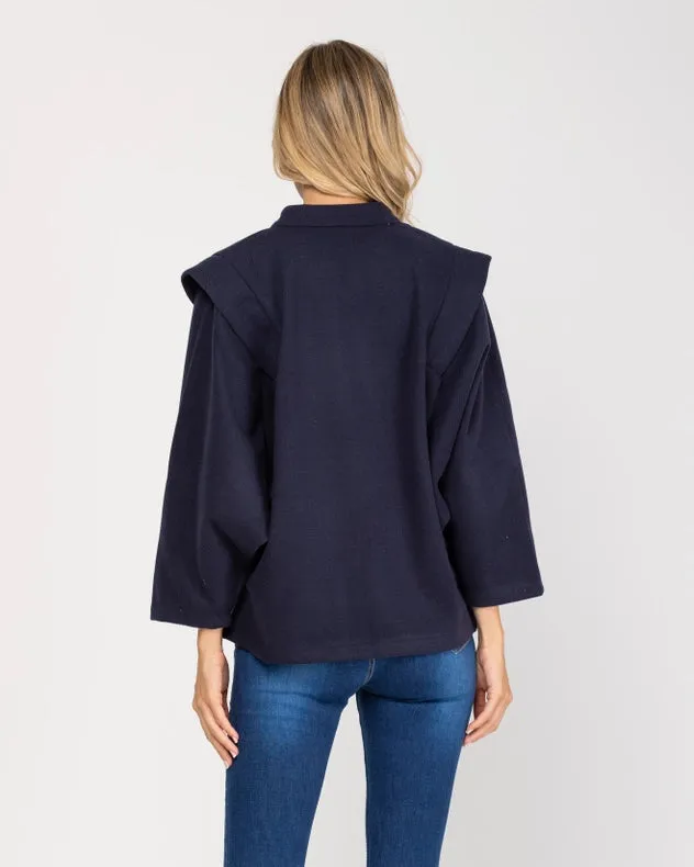 Oversized Long Sleeve Open Jacket With Front Pocket Navy