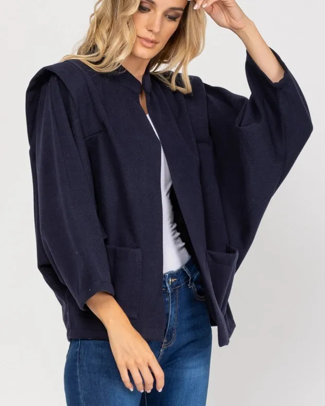 Oversized Long Sleeve Open Jacket With Front Pocket Navy